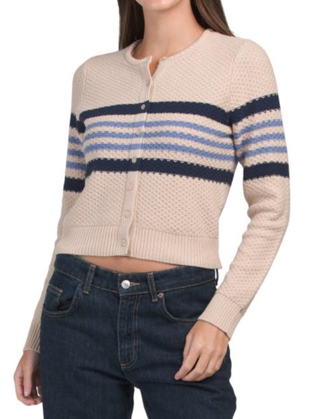 DESIGN 365 Cotton Blend Button Up Striped Sweater